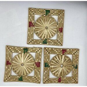 Vintage Hot Pad Trivets Set Of 3 Woven Wicker Straw Rattan Raffia Square 7” X 7”